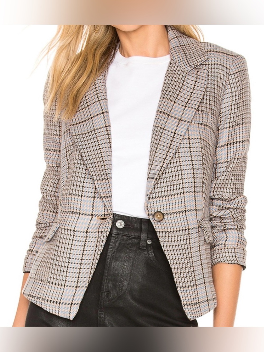 Free People Chess Blazer, Blue Tan and Black  Plaid, Jacket, medium, like new